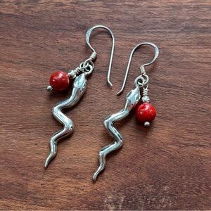 Sterling Silver and Red Coral Snake Earrings